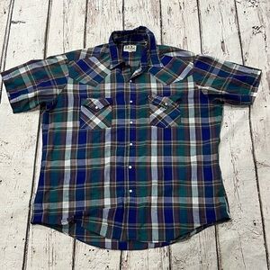 Vintage Ely Cattleman Shortsleeve Western Plaid Rockabilly Button Down Shirt